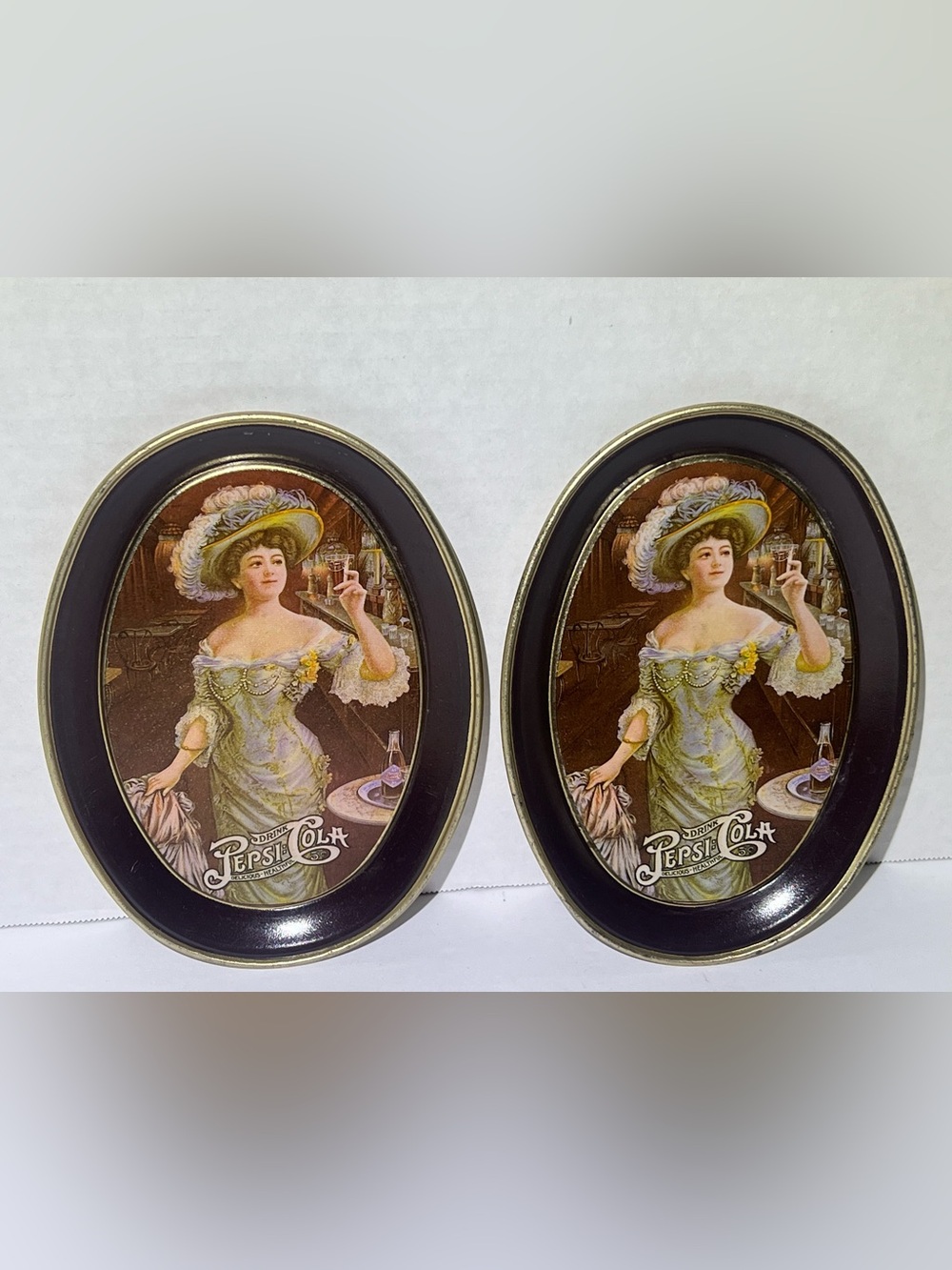 Vintage Pepsi-Cola Mini Oval Tin Serving Tip Trays Set of 2 Victorian Lady Motif